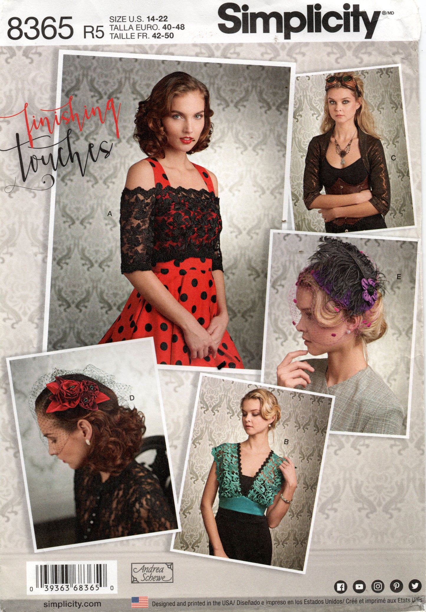 Patrón de costura de tocado y sombrero para mujer Simplicity 8365, talla 6-14 o 14-22, sin cortar, doblado de fábrica
