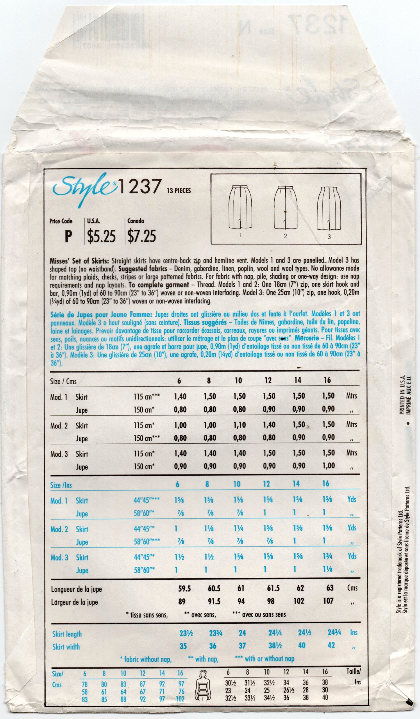Style 1237 Womens High Waisted Pencil Skirts 1980s Vintage Sewing Pattern 10 - 14 UNCUT Factory Folded