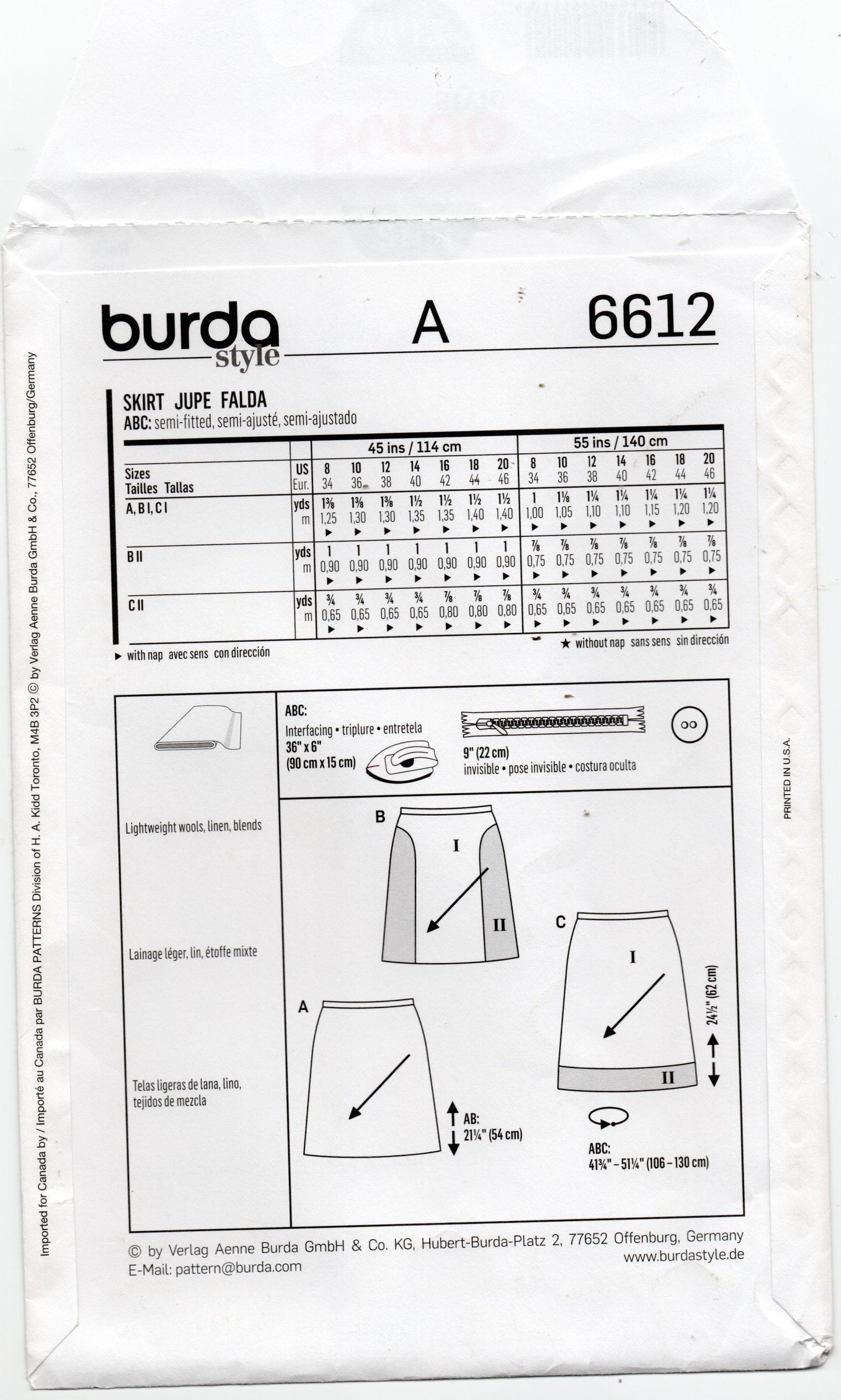 Burda Style 6612 Womens Bias Cut Skirts with Contrast Out Of Print Sewing Pattern Sizes 8 - 20 UNCUT Factory Folded