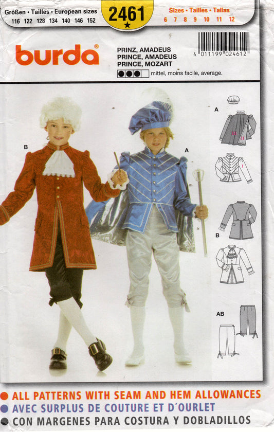 Patrón de costura Burda 2461 para disfraz de "Mozart" o "Príncipe Azul" para niño, agotado, talla 6-12, sin cortar, doblado de fábrica