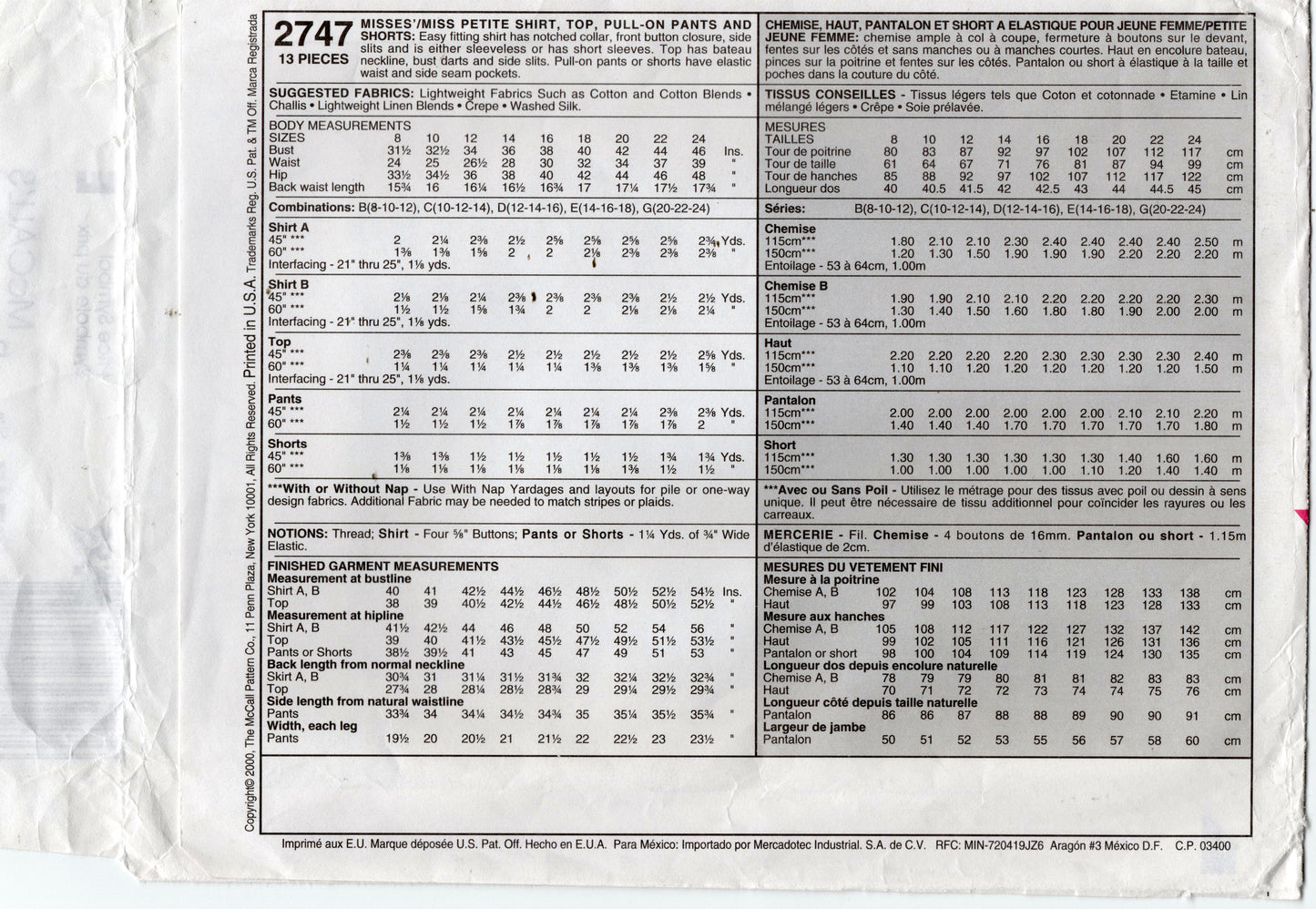 McCall's 2747 Womens Casual Tops Pants & Shorts Out Of Print Sewing Pattern Sizes 8 - 12 UNCUT Factory Folded