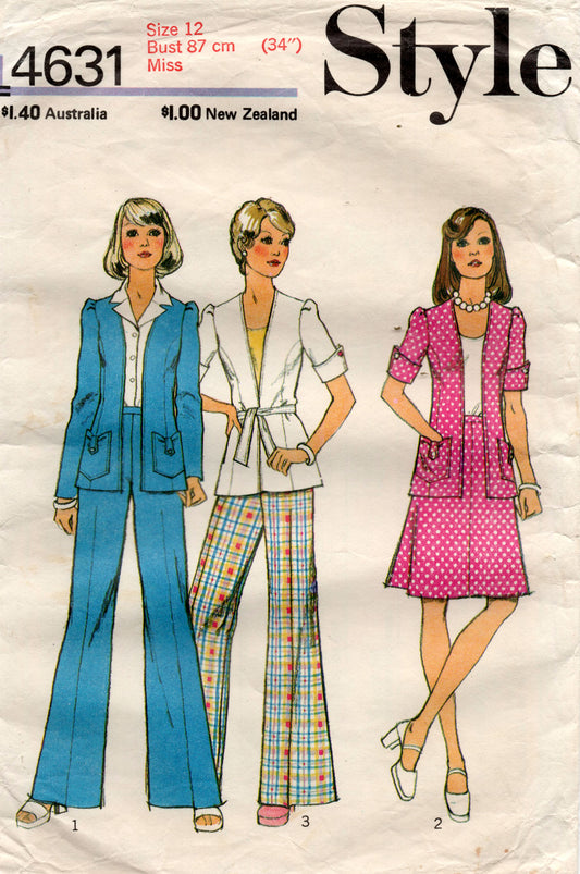 Patrón de costura vintage de los años 70, chaqueta con puños, falda y pantalones para mujer, estilo 4631, talla 12, busto 34 pulgadas