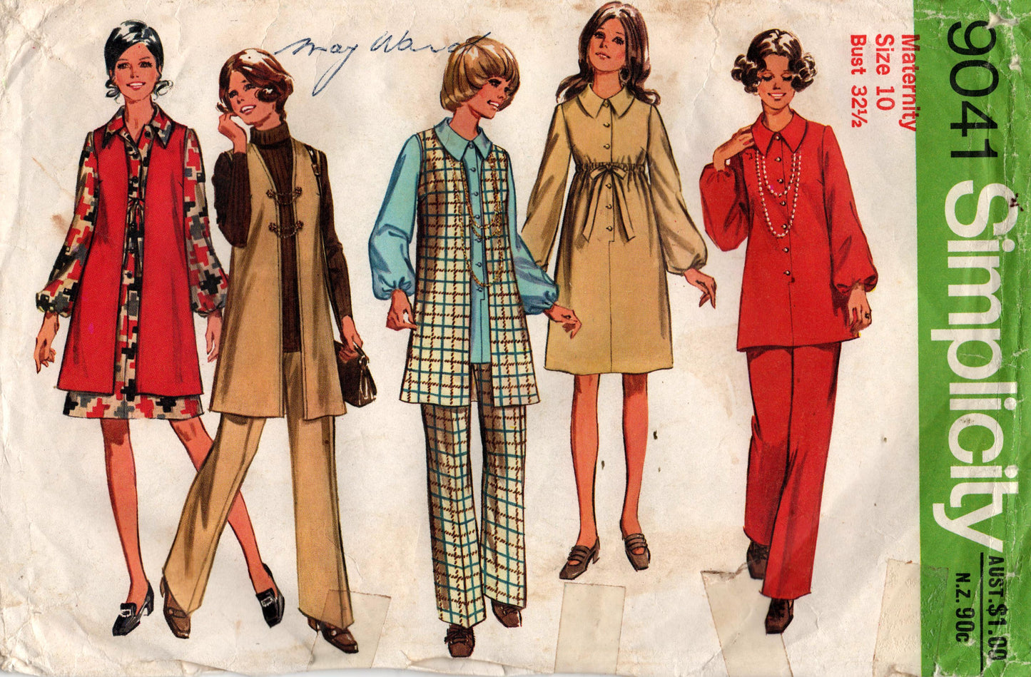 Simplicity 9041 Puffy Sleeved Maternity Dress Tunic Vest & Pants 1970s Vintage Sewing Pattern Size 10 Bust 32.5 inches