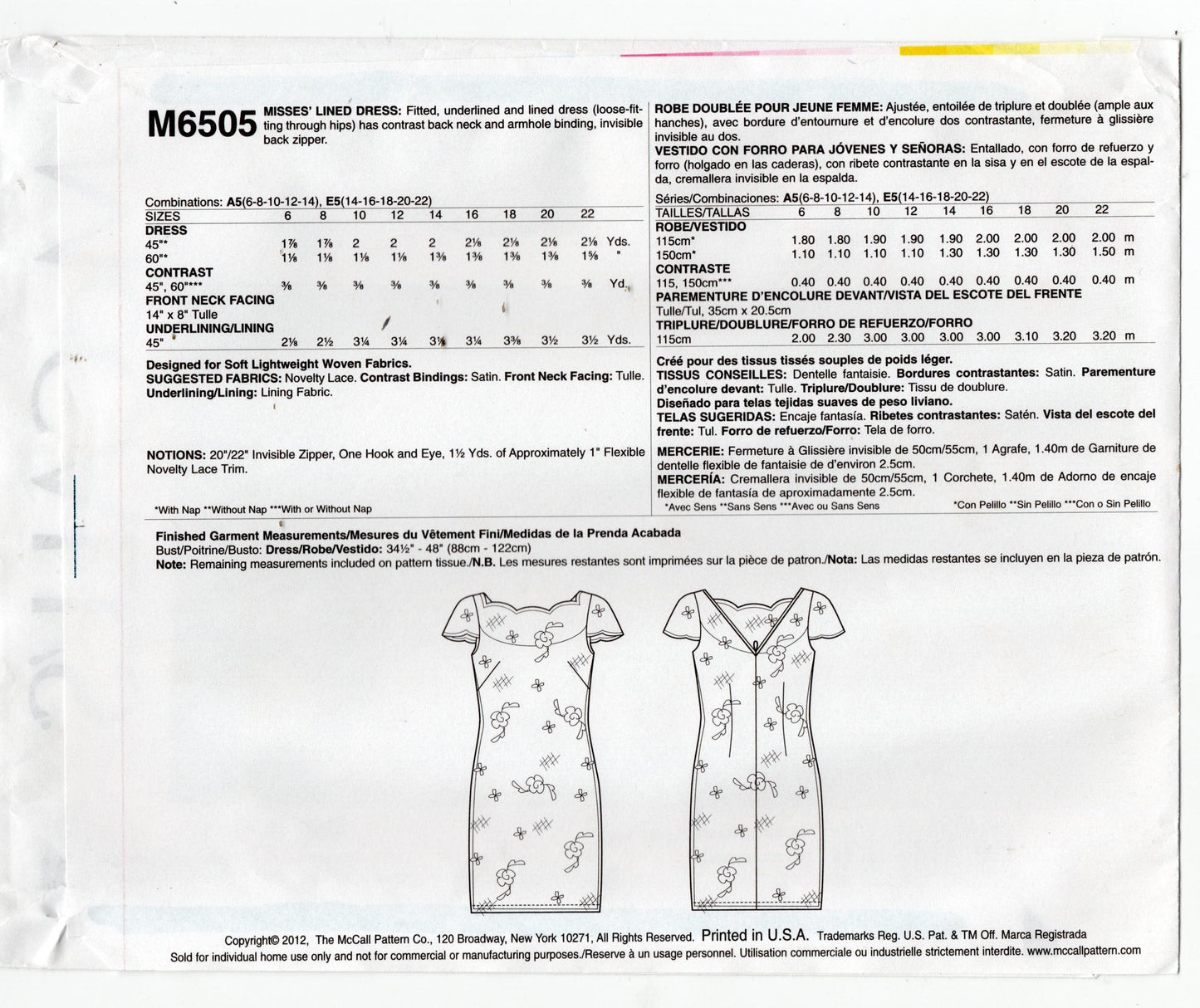 McCall's M6505 Womens Lined Evening Sheath Dress Out Of Print Sewing Pattern Sizes 6 - 14 UNCUT Factory Folded