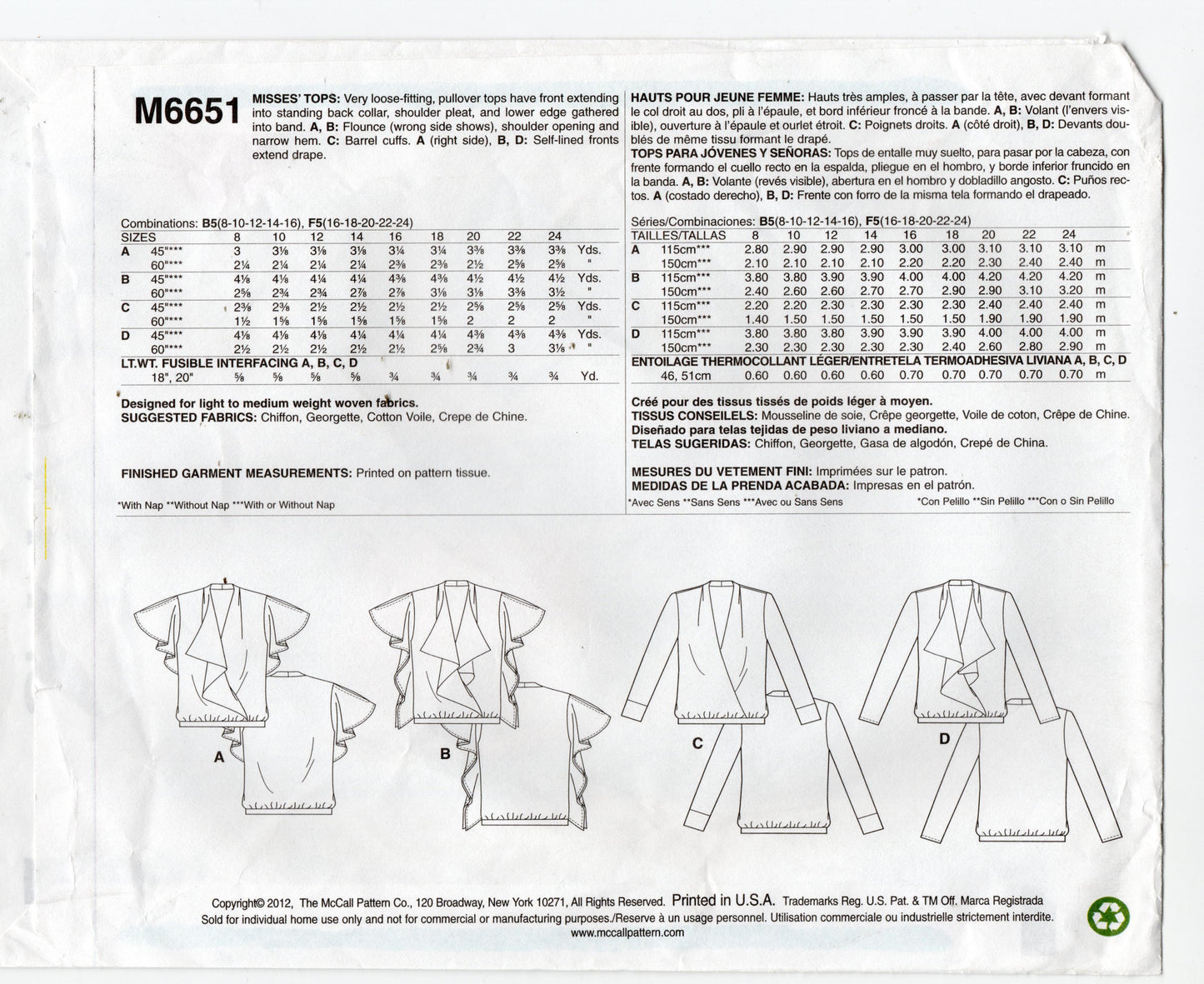 McCall's M6651 Womens Draped Ruffled Tops Out Of Print Sewing Pattern Size 16 - 24 UNCUT Factory Folded
