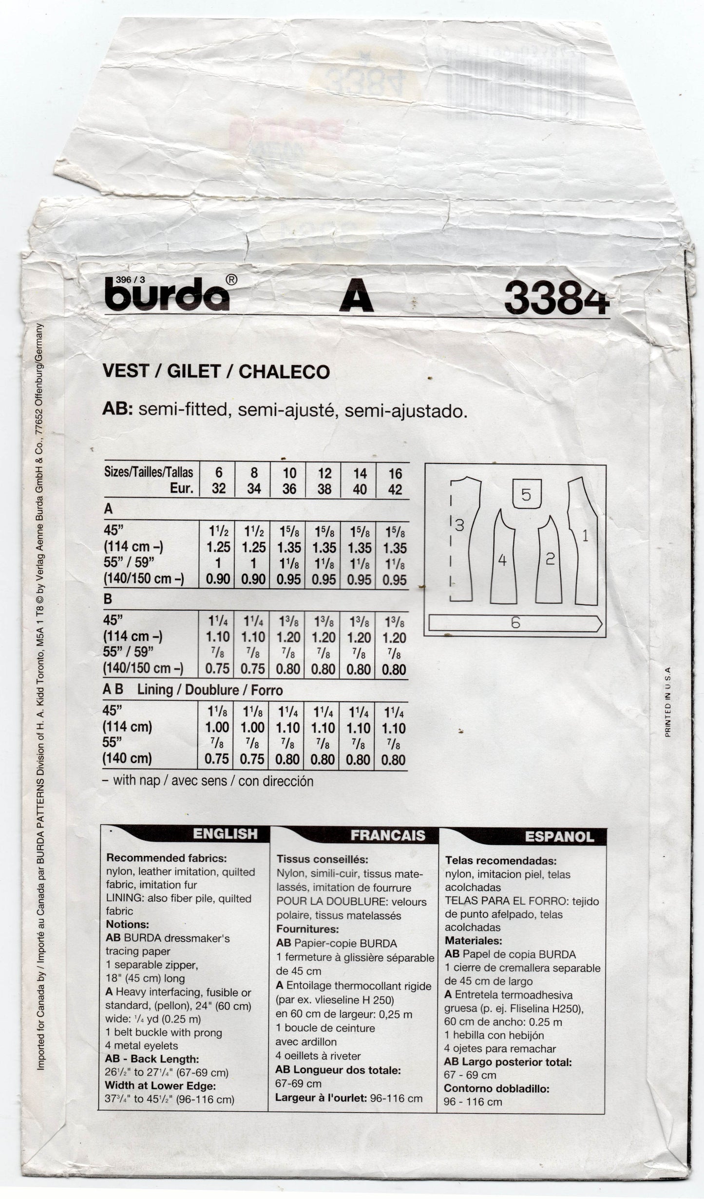 Burda 3384 Womens Zip Front Vest or Quilted Puffer Vest 1990s Vintage Sewing Pattern Sizes 6 - 16 UNCUT Factory Folded