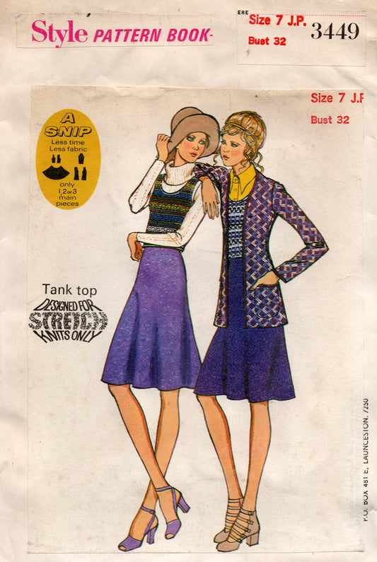 Patrón de costura vintage de los años 70, estilo 3449, cárdigan, falda bies y camiseta sin mangas elástica, talla 7, busto japonés 32 pulgadas