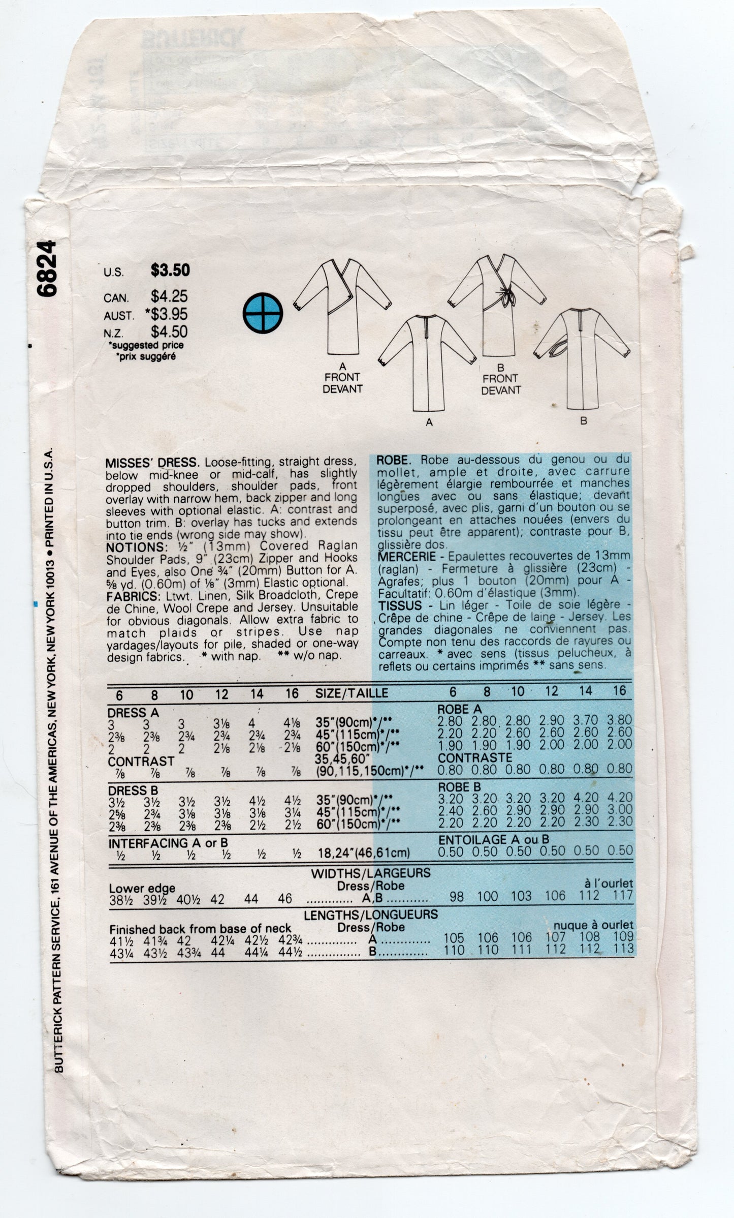 Butterick 6824 Womens EASY Straight Colour Block Asymmetric Dress 1980s Vintage Sewing Pattern Size 12 - 16
