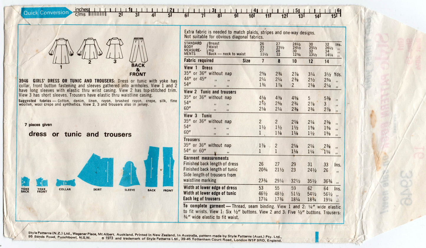 Style 3946 Girls Puffy Sleeved Dress Tunic & Pants 1970s Vintage Sewing Pattern Size 10