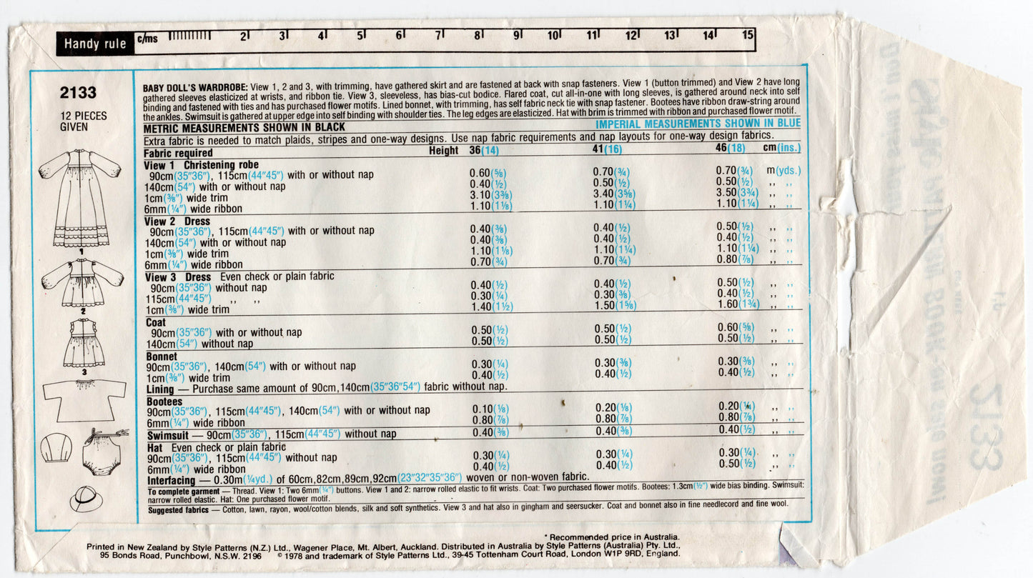 Style 2133 Retro Baby Doll's Wardrobe for 16 or 18 Inch Dolls 1970s Vintage Sewing Pattern