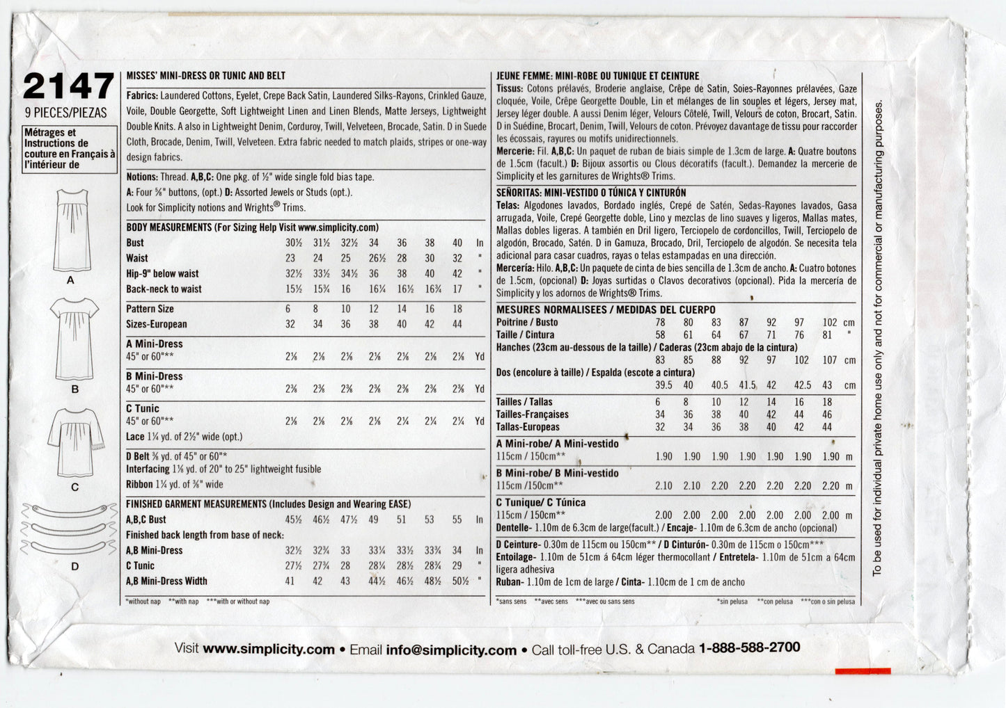Patrón de costura para vestido tipo túnica o minivestido para mujer Simplicity 2147, fácil de usar, fuera de impresión, talla 6-18, sin cortar, doblado de fábrica