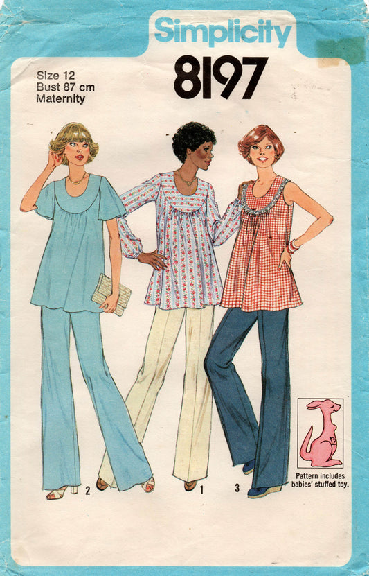 Patrón de costura vintage de los años 70 Simplicity 5756 para blusa y pantalones de maternidad retro para mujer con canguro de juguete de regalo, talla 12, busto de 34 pulgadas