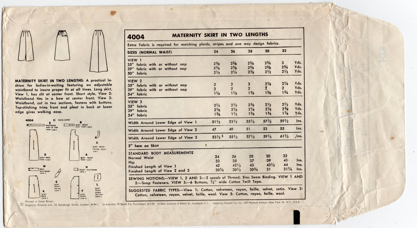 Simplicity 4004 Womens Maternity Skirts 1950s Vintage Sewing Pattern Waist 26 inches UNUSED Factory Folded