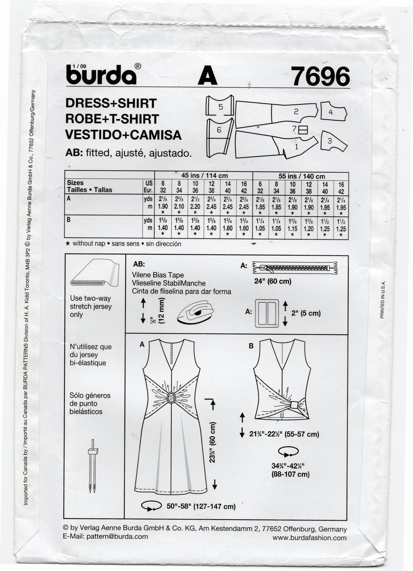 Burda 7696 Womens Stretch Draped Front Dress & Top Out Of Print Sewing Pattern Sizes 6 - 16 UNCUT Factory Folded