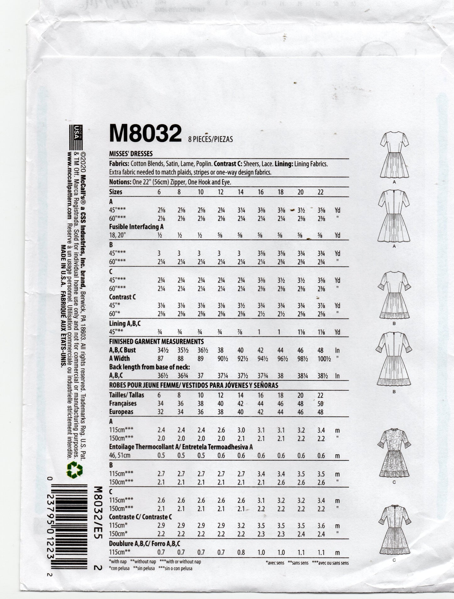 McCall's 8032 #BlytheMcCalls Womens Full Skirt Ruffled Dresses Sewing Pattern Size 14 - 22 UNCUT Factory Folded