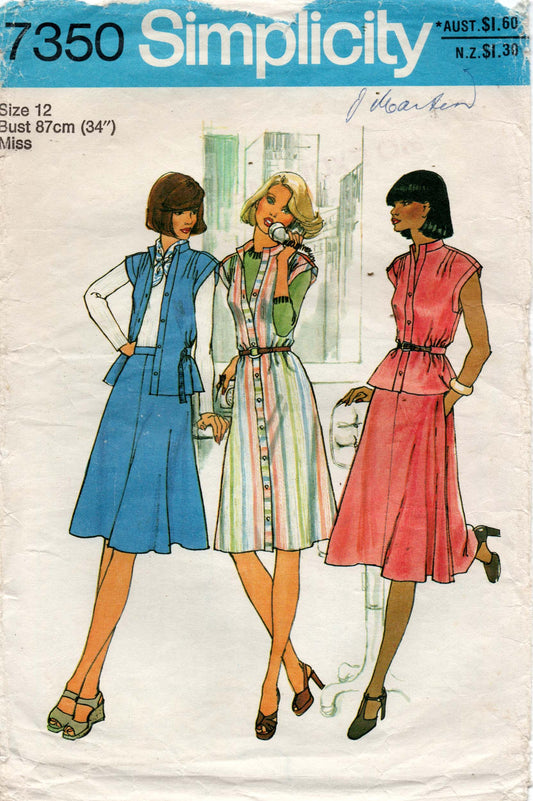 Patrón de costura vintage de los años 70 para vestido y falda de mujer Simplicity 7350, talla 12, busto 34 pulgadas