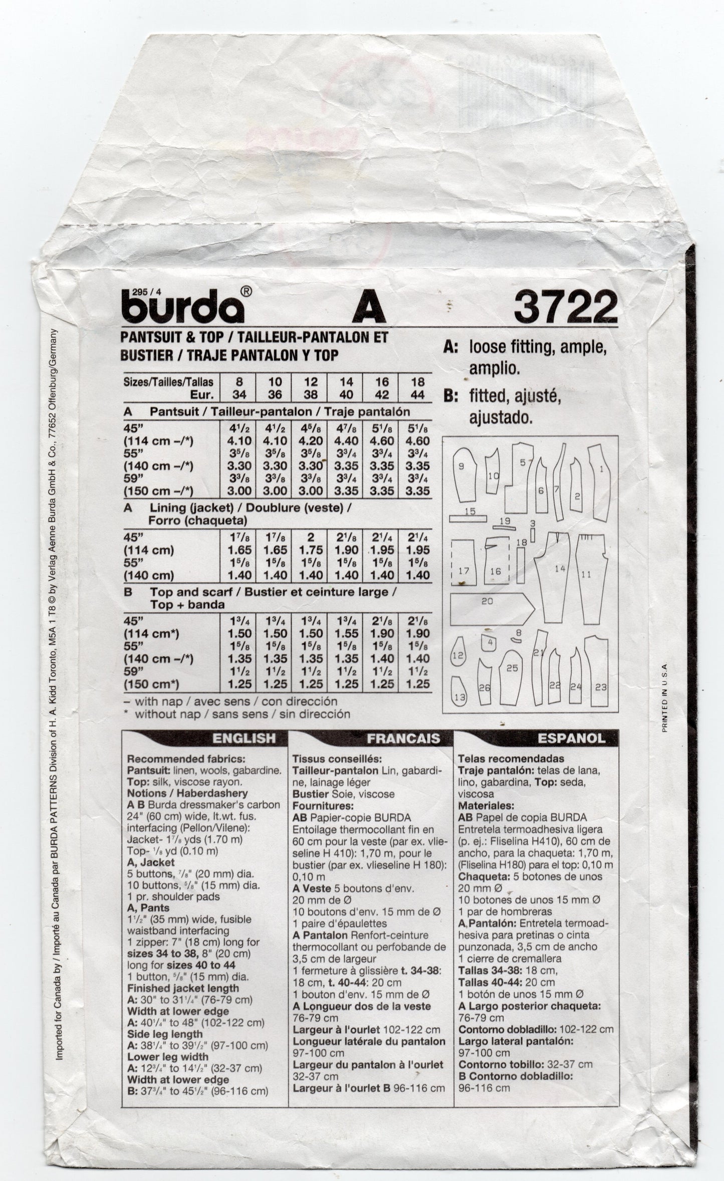 Burda Couture 3722 Womens Longline Jacket Pants Top & Sash Out Of Print Sewing Pattern Sizes 8 - 18 UNCUT Factory Folded