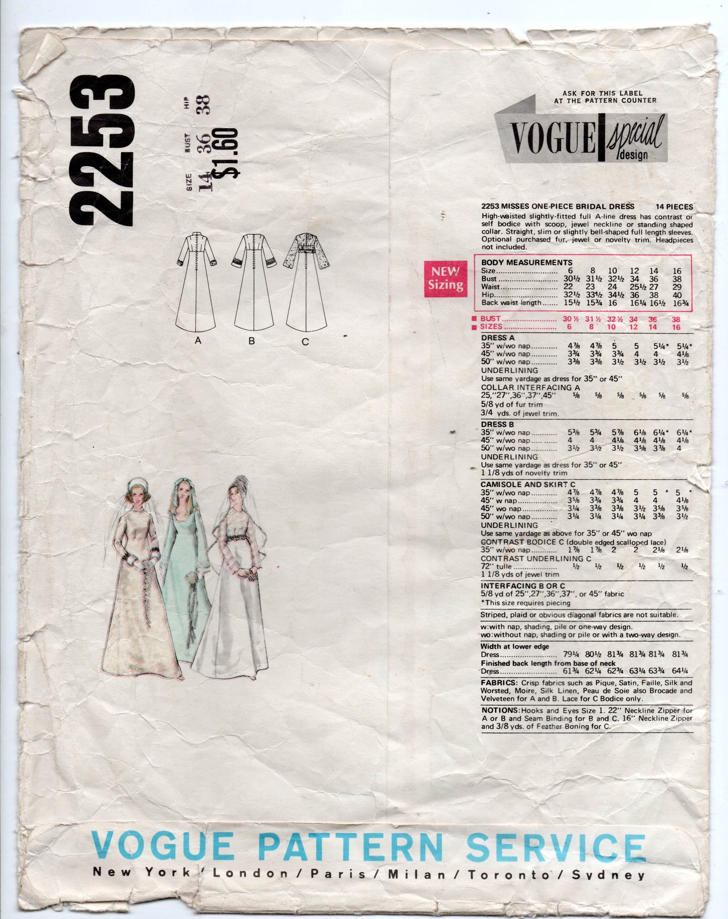 Vogue Special Bridal Design 2253 Womens High Waisted Bell Sleeved Bridal Gown 1970s Vintage Sewing Pattern Size 14 Bust 36 inches