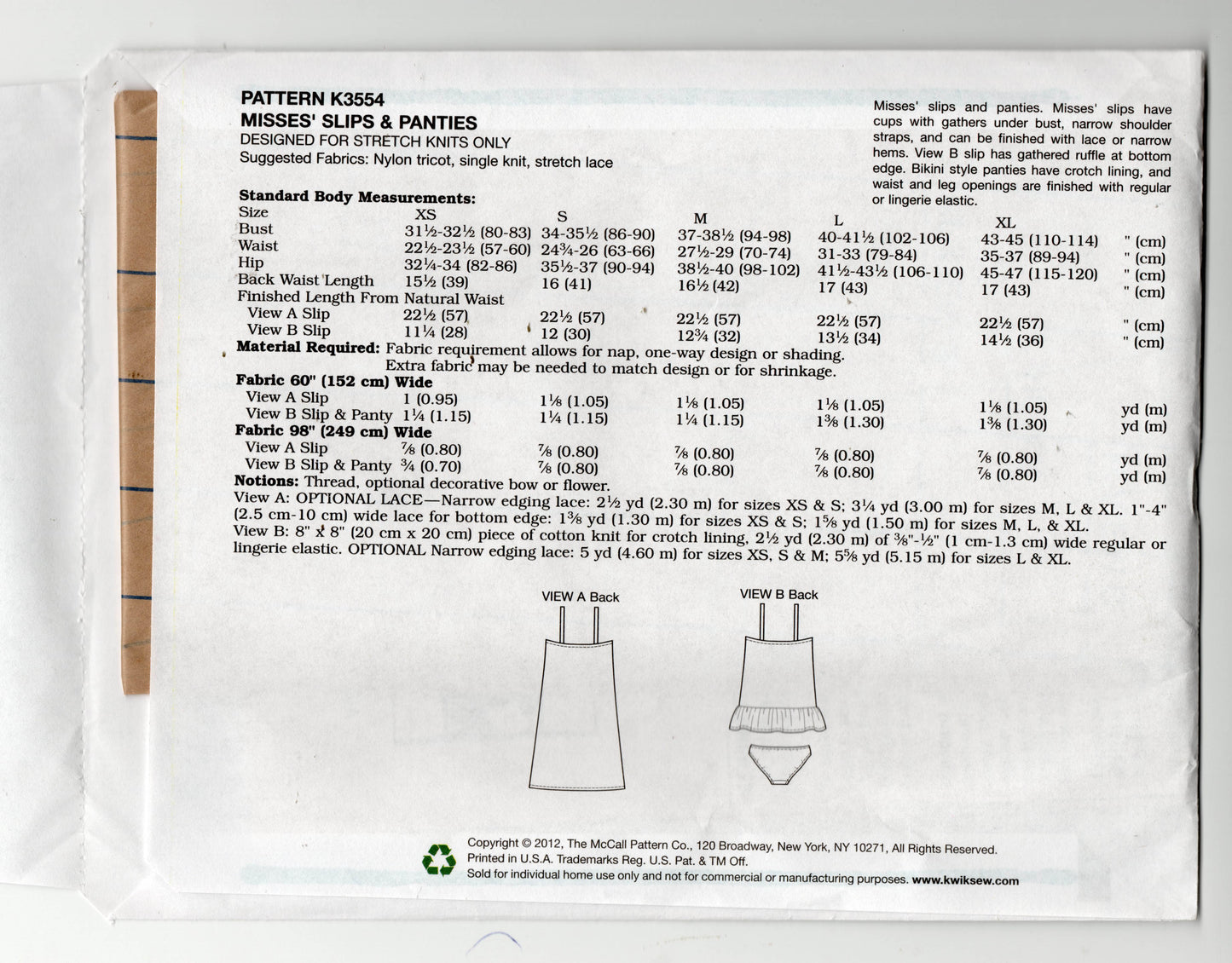 Kwik Sew 3554 Womens Stretch Slips & Panties Out Of Print Sewing Pattern Size XS - XL UNCUT Factory Folded