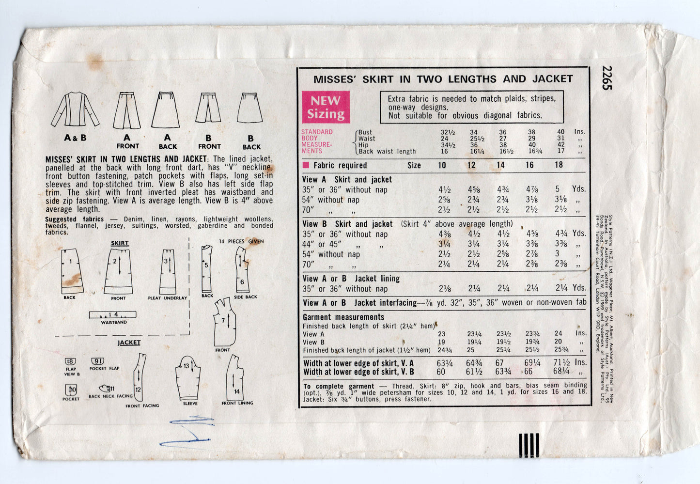 Style 2265 Womens Collarless Jacket & Inverted Pleat Skirt 1960s Vintage Sewing Pattern Size 14 Bust 36 inches