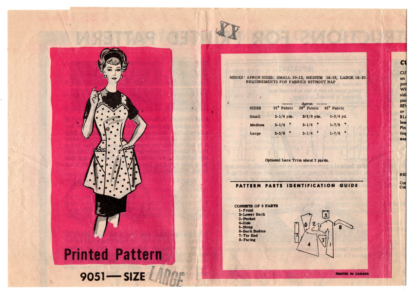 Mail Order 9051 Womens Full Kitchen Apron with Pockets 1960s Vintage Sewing Pattern LARGE Bust 38 - 40 inches UNCUT Factory Folded