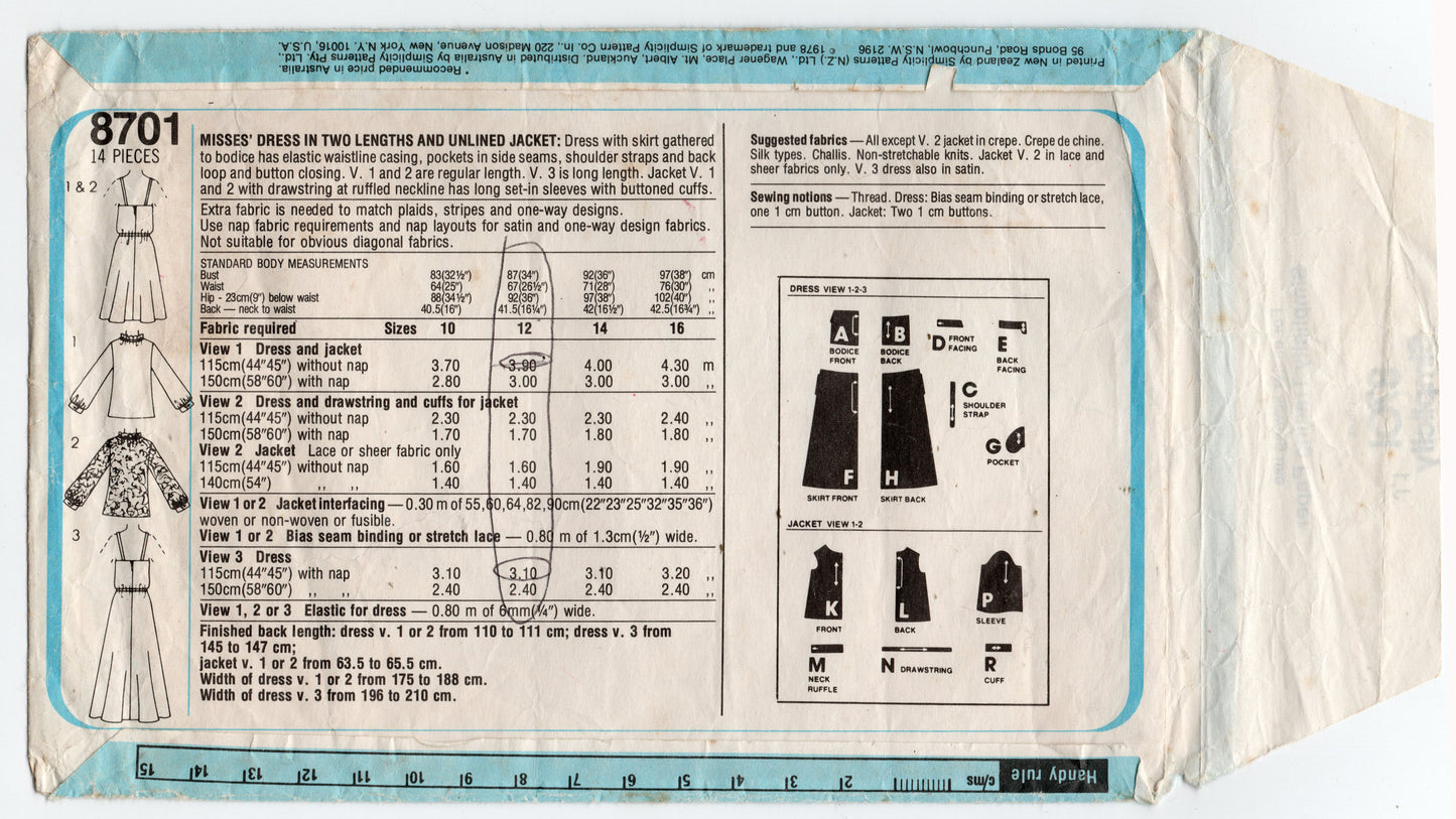 Simplicity 8701 Womens Easy Blouson Dress & Jacket 1970s Vintage Sewing Pattern Size 12 Bust 34 inches