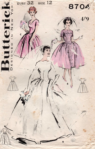 Butterick 8704 Womens Basque Waist Bridesmaids Dress or Bridal Gown 1950s Vintage Sewing Pattern Size 12 Bust 32 inches UNUSED Factory Folded
