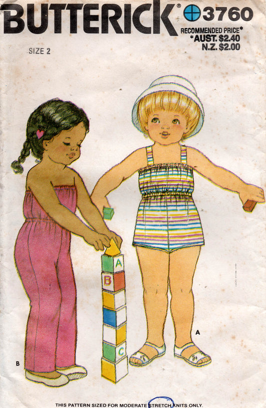 Butterick 3760 Toddler Girls Stretch Jumpsuit & Rompers 1970s Vintage Sewing Pattern Size 3 UNCUT Factory Folded