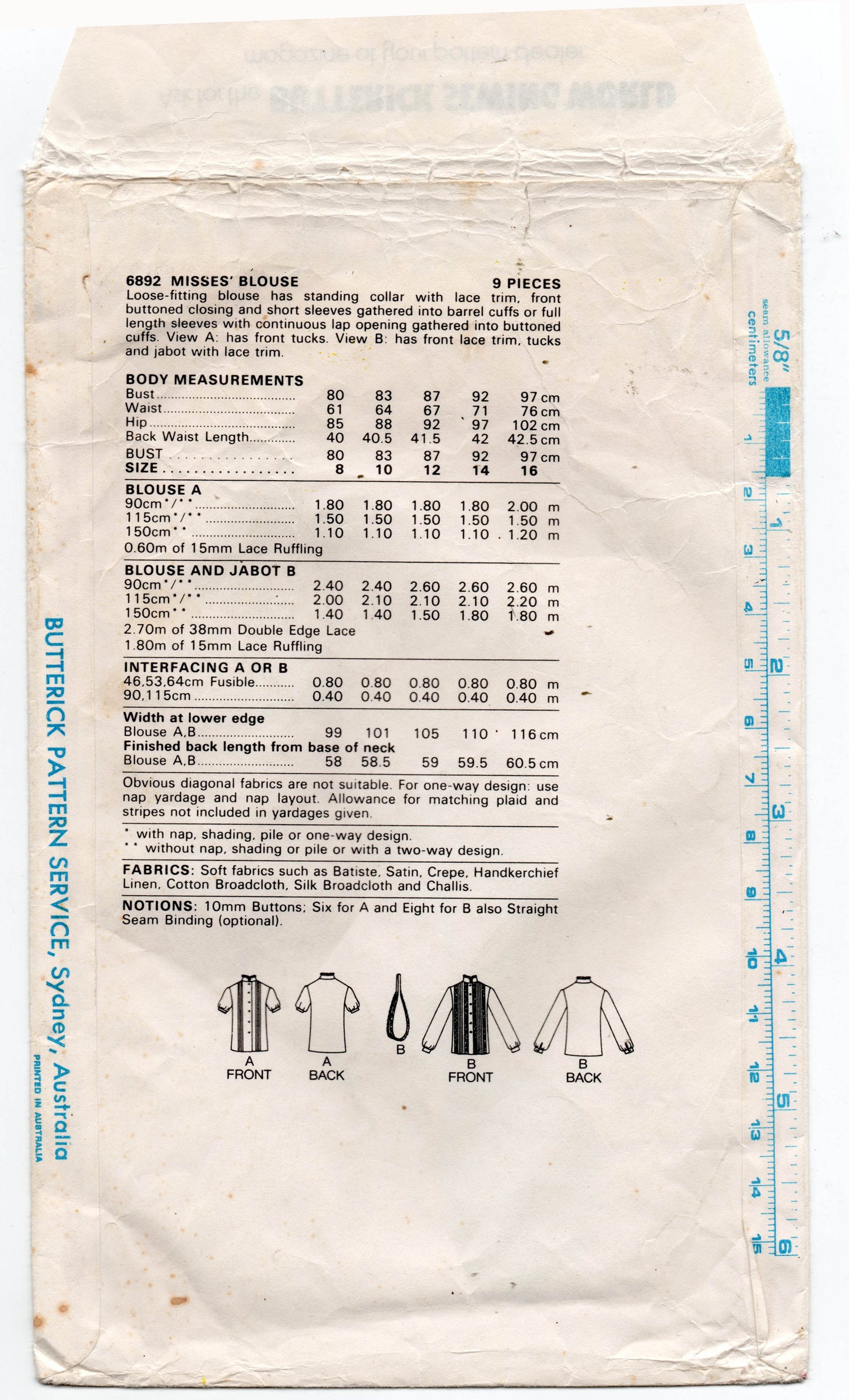 Butterick 6892 Womens Blouse with Optional Jabot 1980s Vintage Sewing Pattern Size 10 Bust 32.5 inches