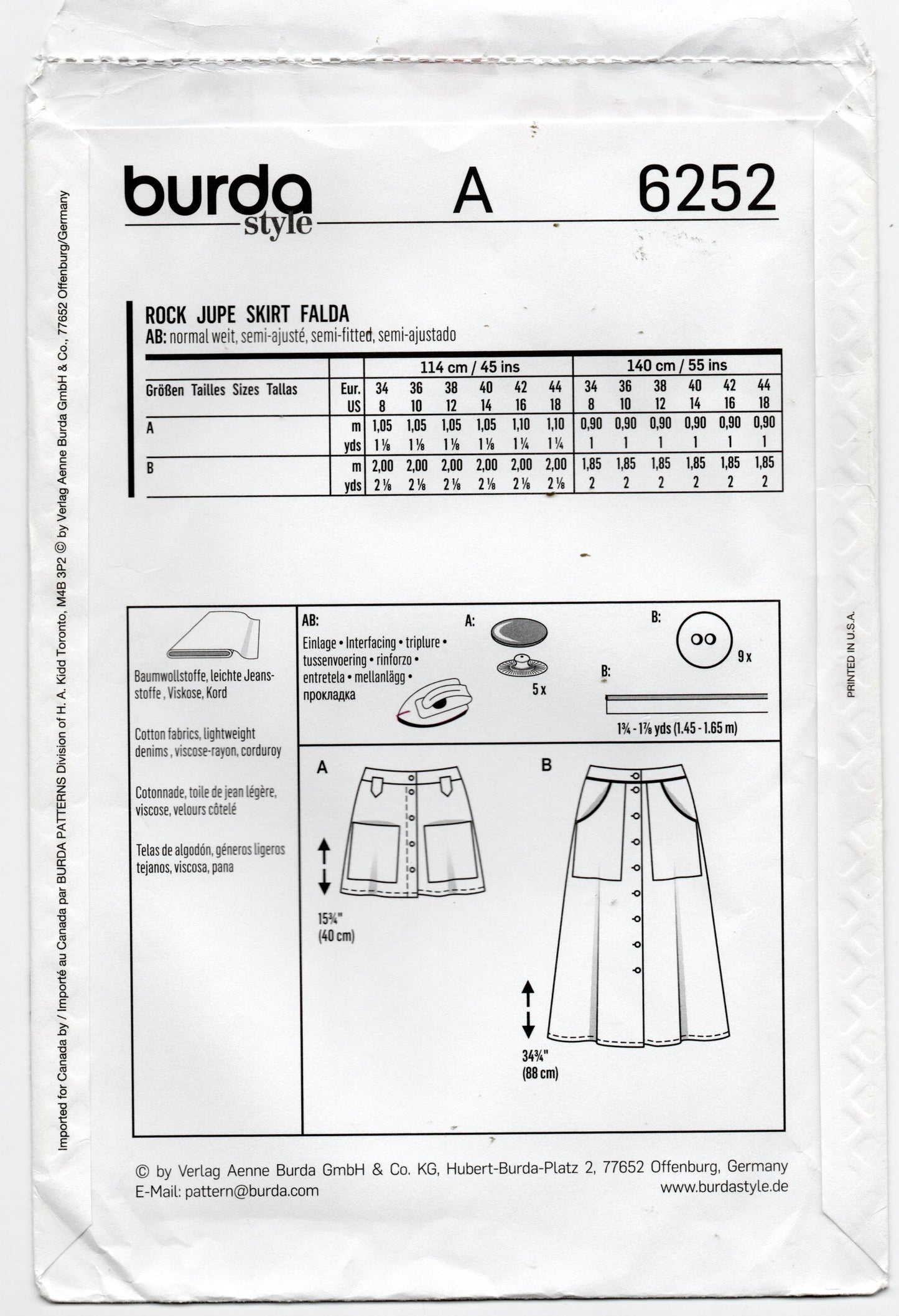 Burda Style 6252 Womens Button Front Skirts with Pockets Sewing Pattern Sizes 8 - 18 UNCUT Factory Folded