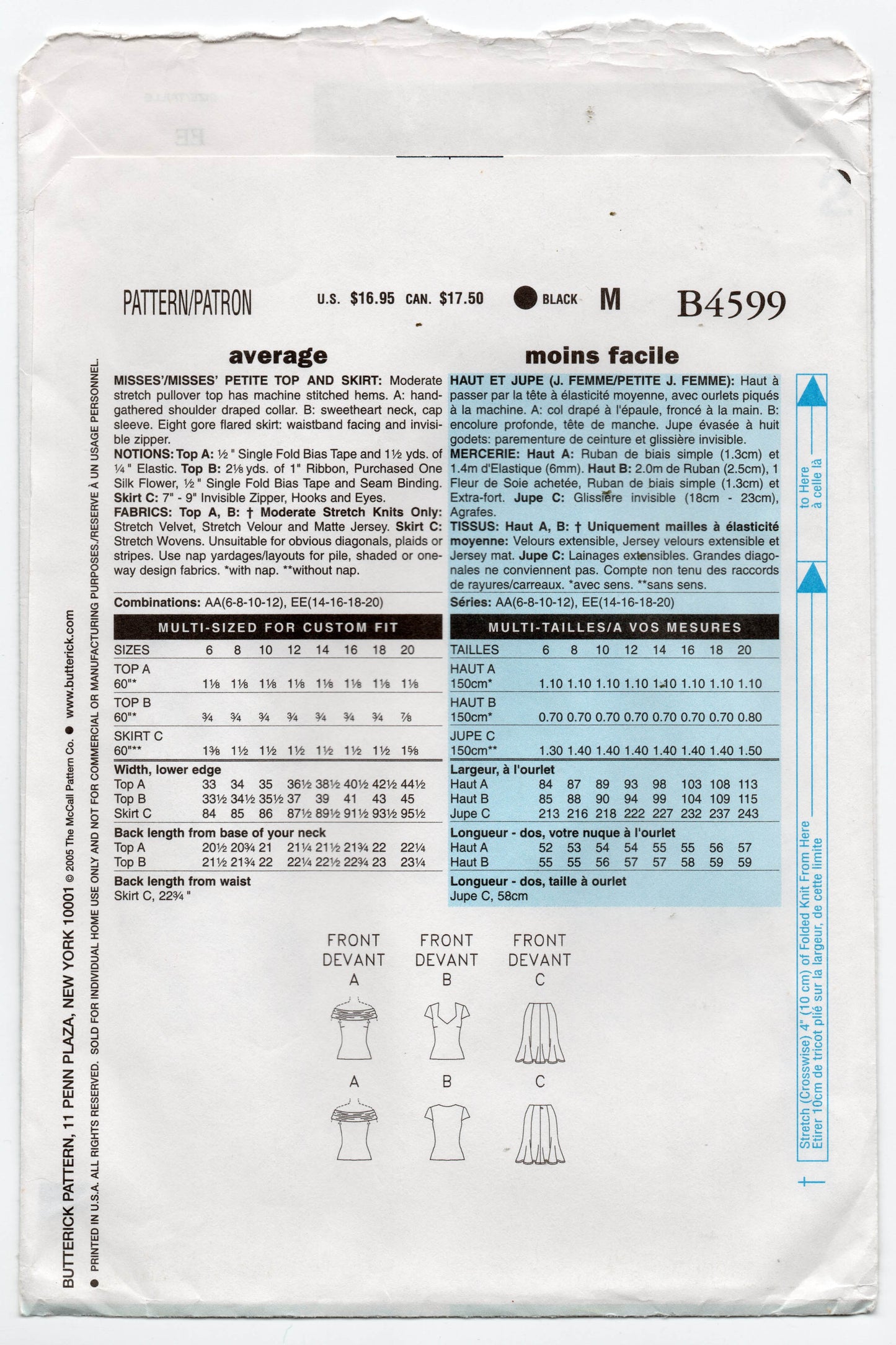Butterick B4599 CHETTA B Womens Stretched Ruched Top & Fluted Skirt Out Of Print Sewing Pattern Sizes 14 - 20 UNCUT Factory Folded