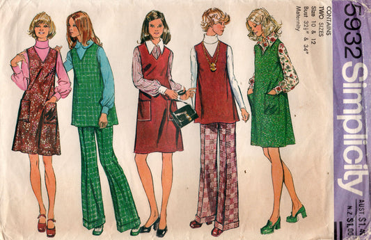 Patrón de costura vintage de los años 70 para vestido y pantalón de maternidad para mujer Simplicity 5932, tallas 10 y 12