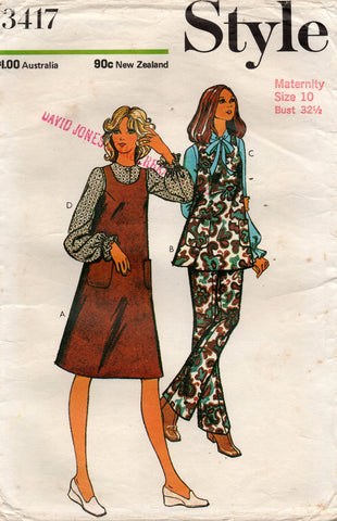 Style 3417 Womens Maternity Pinafore Tunic Blouse & Pants 1970s Vintage Sewing Pattern Size 10 Bust 32 1/2 inches