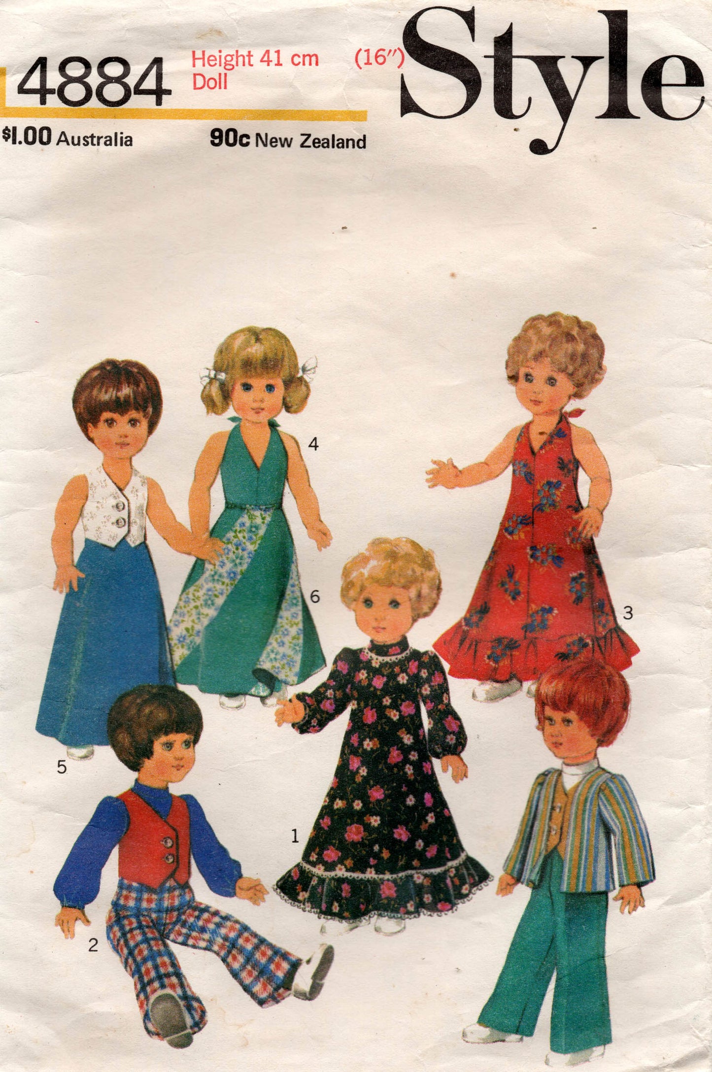 Patrón de costura vintage de los años 70 para ropa de muñeca de 16 pulgadas, estilo 4884, guardarropa, faldas, blusas, vestidos y pantalones