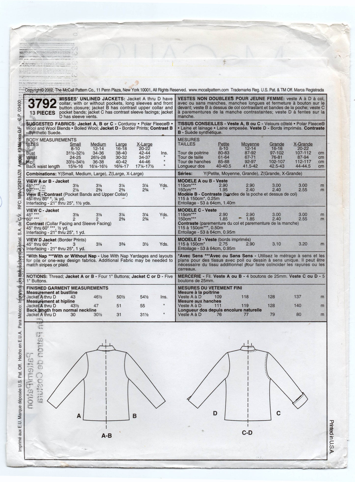 McCall's 3792 PALMER/PLETSCH Womens 2 Hour Classic Fit Unlined Jacket Out Of Print Sewing Pattern Size XS - MED UNCUT Factory Folded