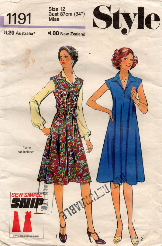 Patrón de costura estilo 1191 para vestido de tienda de campaña con mangas cortas para mujer, estilo vintage de los años 70, talla 12, busto de 34 pulgadas