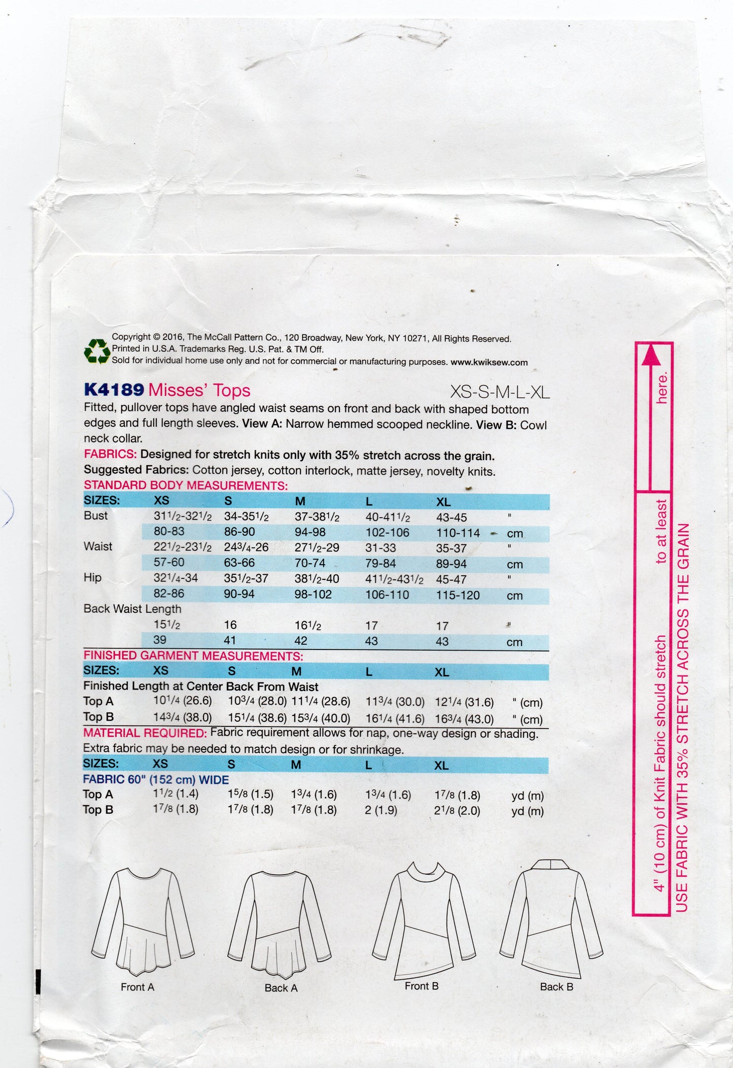 Kwik Sew K4189 Womens Stretch Diagonal Twist / Cowl Neck Tops Out Of Print Sewing Pattern Size XS - XL UNCUT Factory Folded