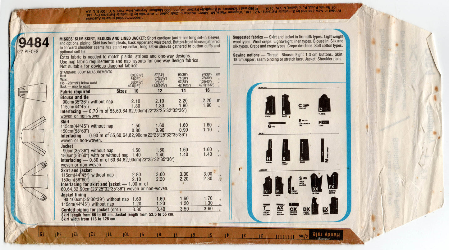 Simplicity 9484 Womens Lined Jacket Blouse & Skirt 1980s Vintage Sewing Pattern Size 14 Bust 36 inches