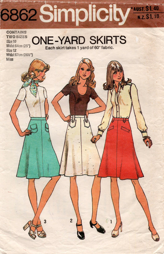 Patrón de costura vintage de los años 70 para faldas de una yarda para mujer Simplicity 6862, tallas 10 y 12