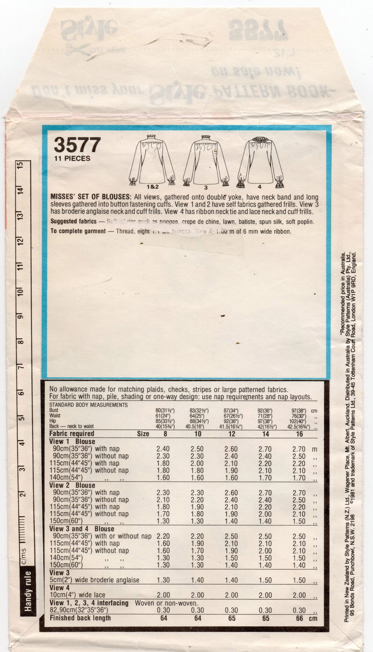 Style 3577 Womens Romantic Ruffled Blouses 1980s Vintage Sewing Pattern Size 8