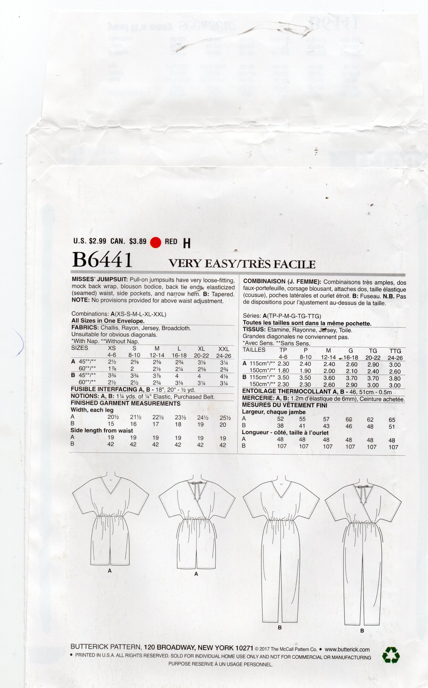 Butterick See & Sew B6441 Womens EASY Long or Short Jumpsuit Out Of Print Sewing Pattern Size XS - XXL UNCUT Factory Folded