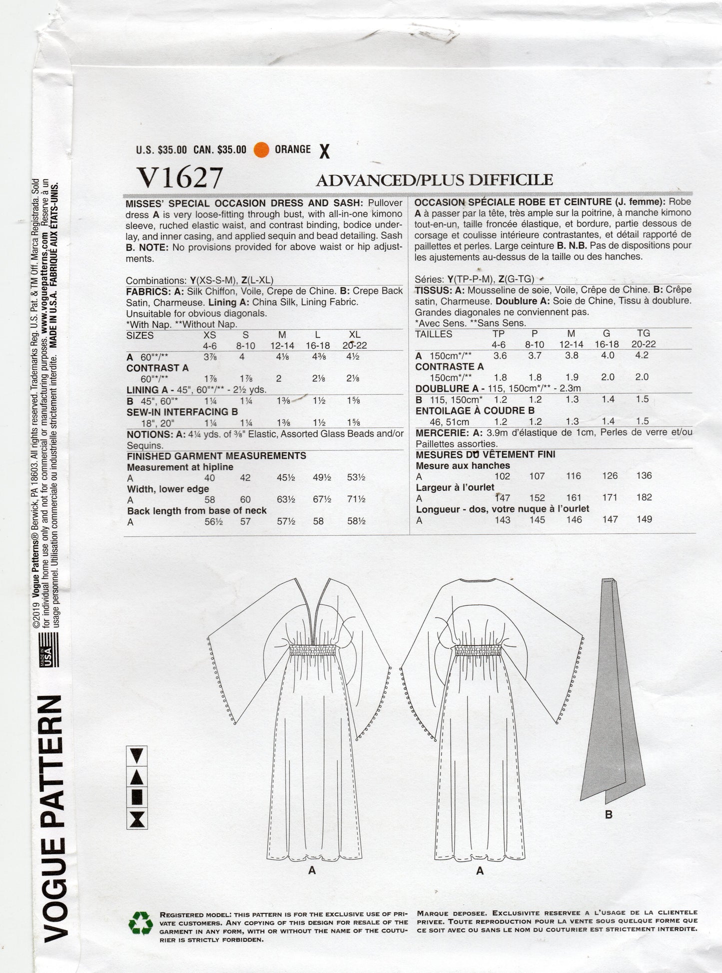 Vogue American Designer 1627 ZANDRA RHODES Womens Evening Kimono Dress & Sash Sewing Pattern Sizes XS-M or L-XL UNCUT Factory Folded