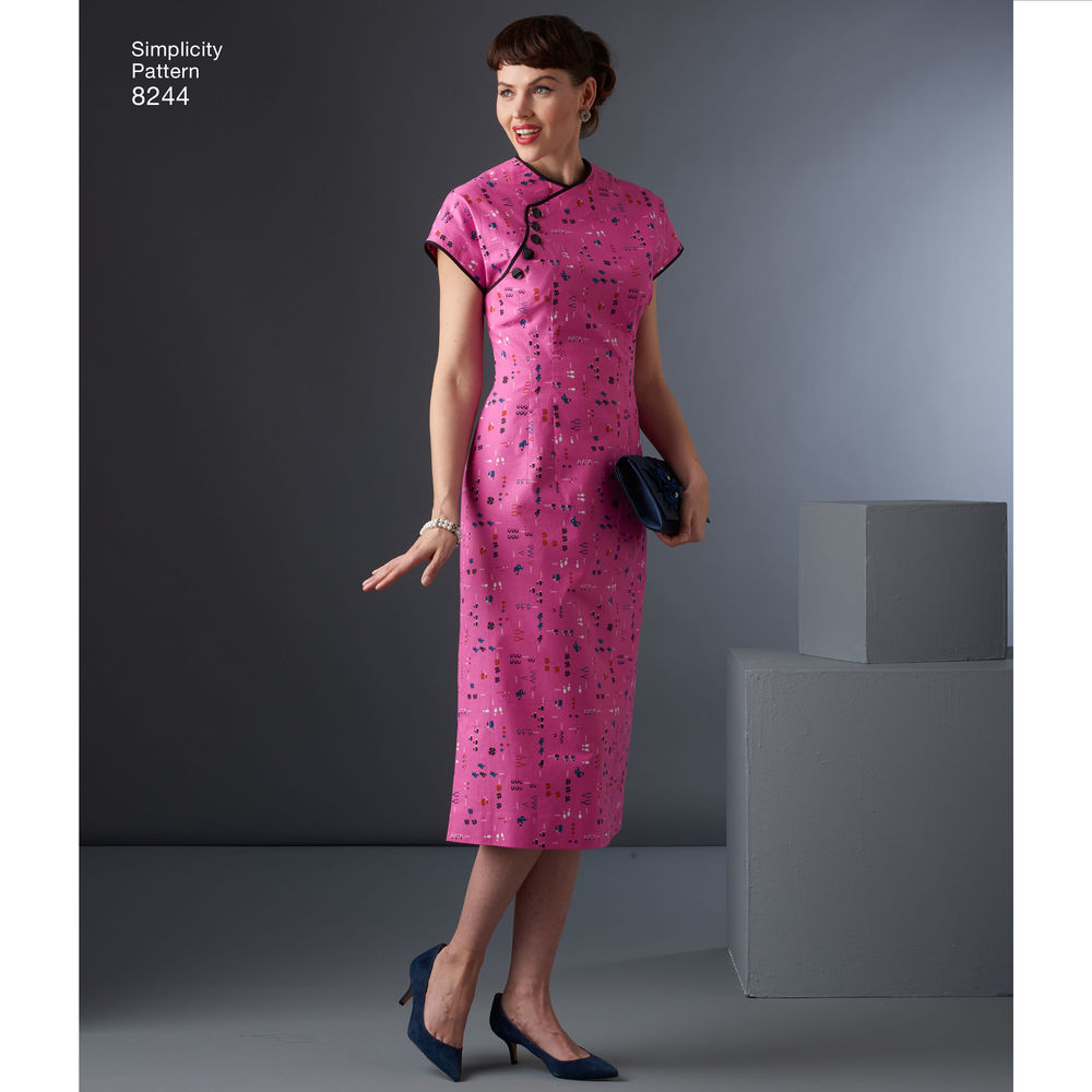 Patrón de costura reeditado de vestido cheongsam para mujer Simplicity 8244, década de 1950, talla 14-22, sin cortar, doblado de fábrica