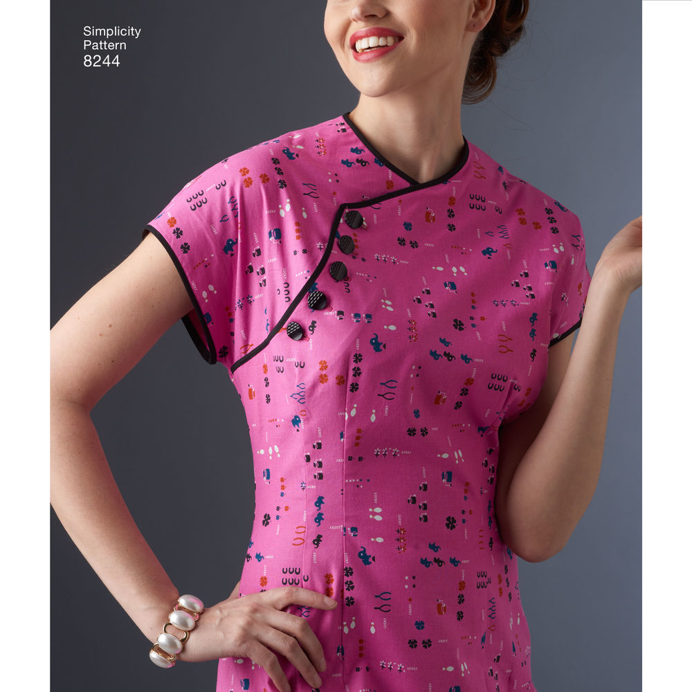 Patrón de costura reeditado de vestido cheongsam para mujer Simplicity 8244, década de 1950, talla 14-22, sin cortar, doblado de fábrica