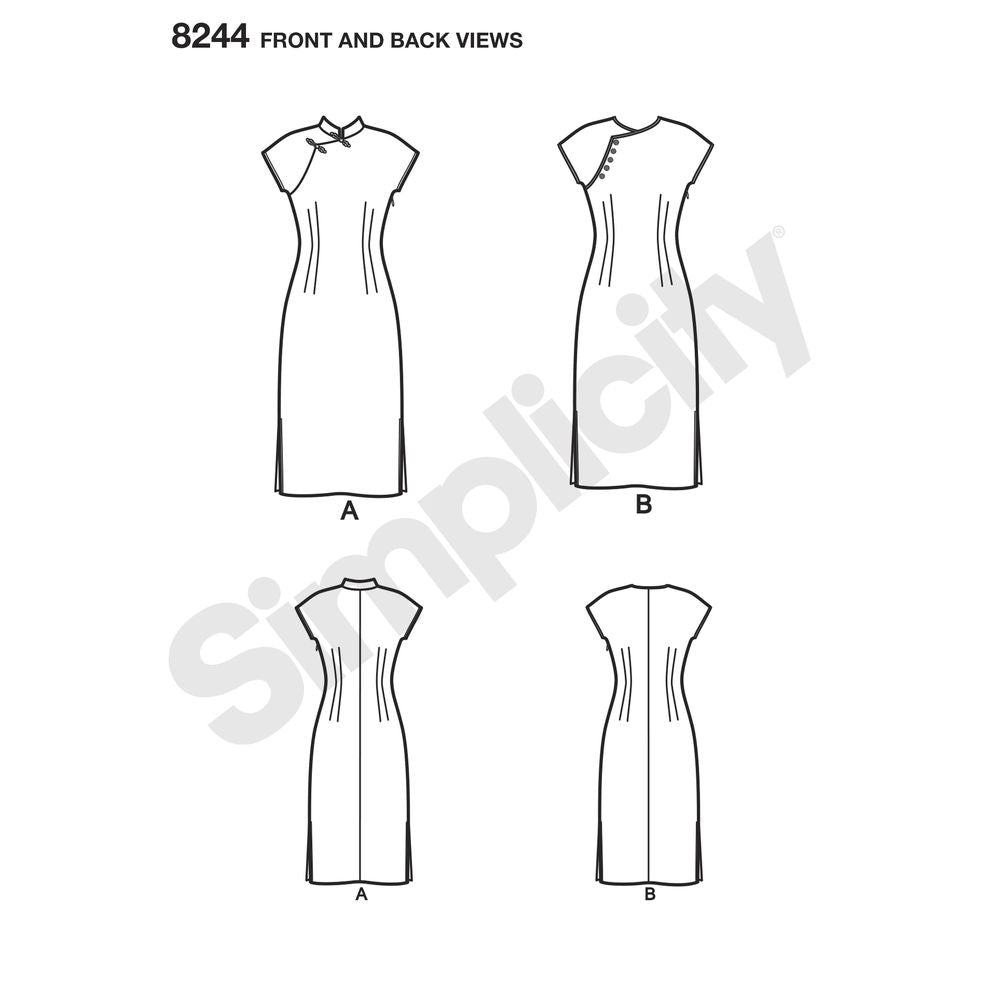 Patrón de costura reeditado de vestido cheongsam para mujer Simplicity 8244, década de 1950, talla 14-22, sin cortar, doblado de fábrica