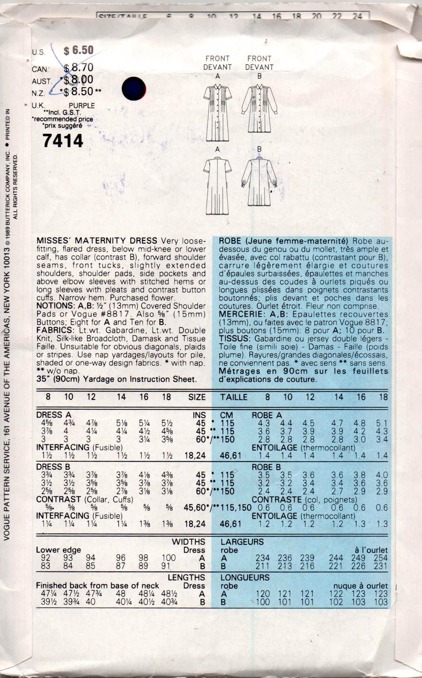 Very Easy Vogue 7414 Womens Maternity Dress 1980s Vintage Sewing Pattern Size 10 UNCUT Factory Folded