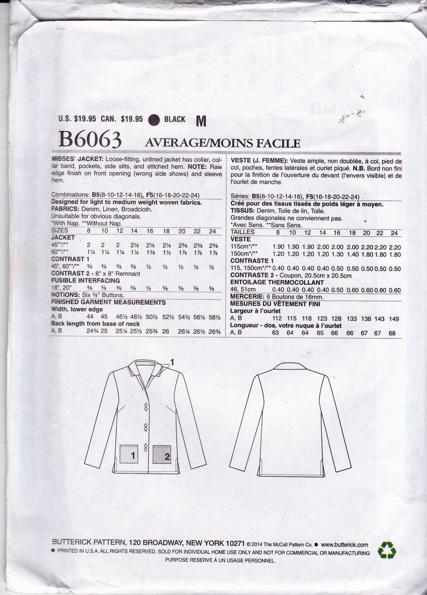 Butterick 6063 Katherine Tilton Womens Unlined Jacket With Pockets Out Of Print Sewing Pattern Sizes 8 - 16 or 16 - 24 UNCUT Factory Folded