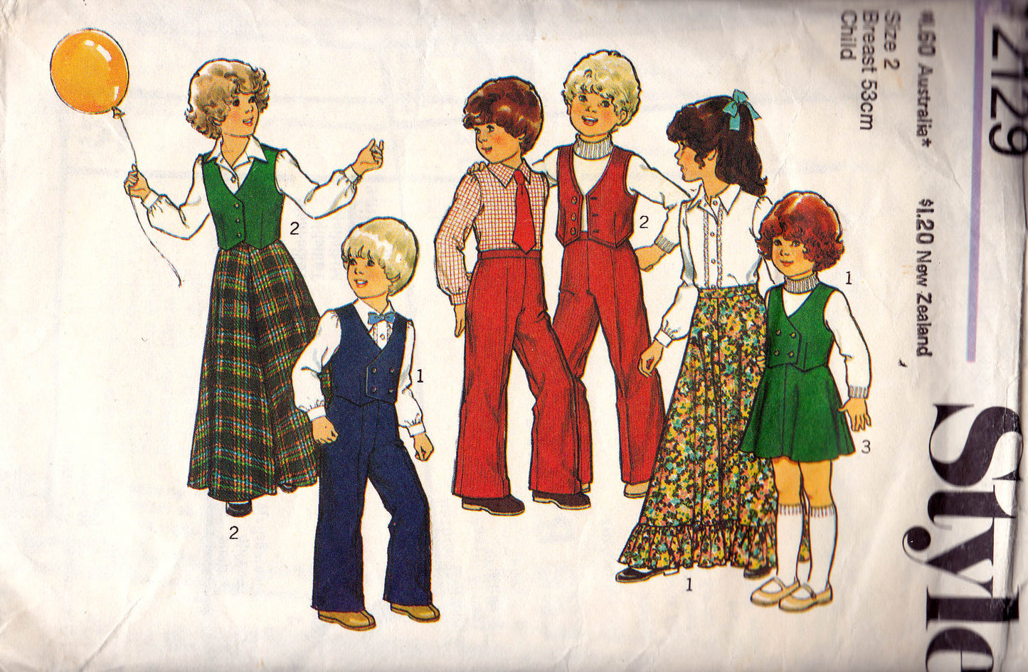 Style 2129 Toddler Boys Girls Mini Maxi Skirt Vest Shirt & Pants 1970s Vintage sewing pattern Size 2 or size 6