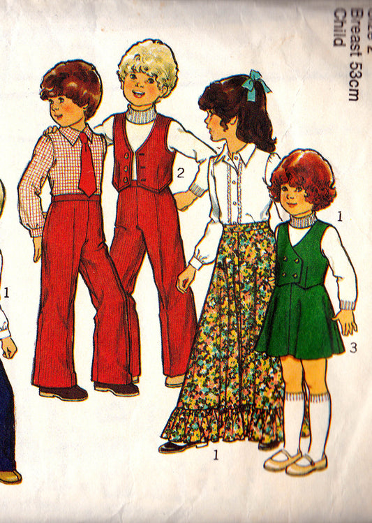 Patrón de costura vintage de los años 70, estilo 2129, para niños y niñas pequeños, falda larga, chaleco, camisa y pantalones, talla 2 o talla 6