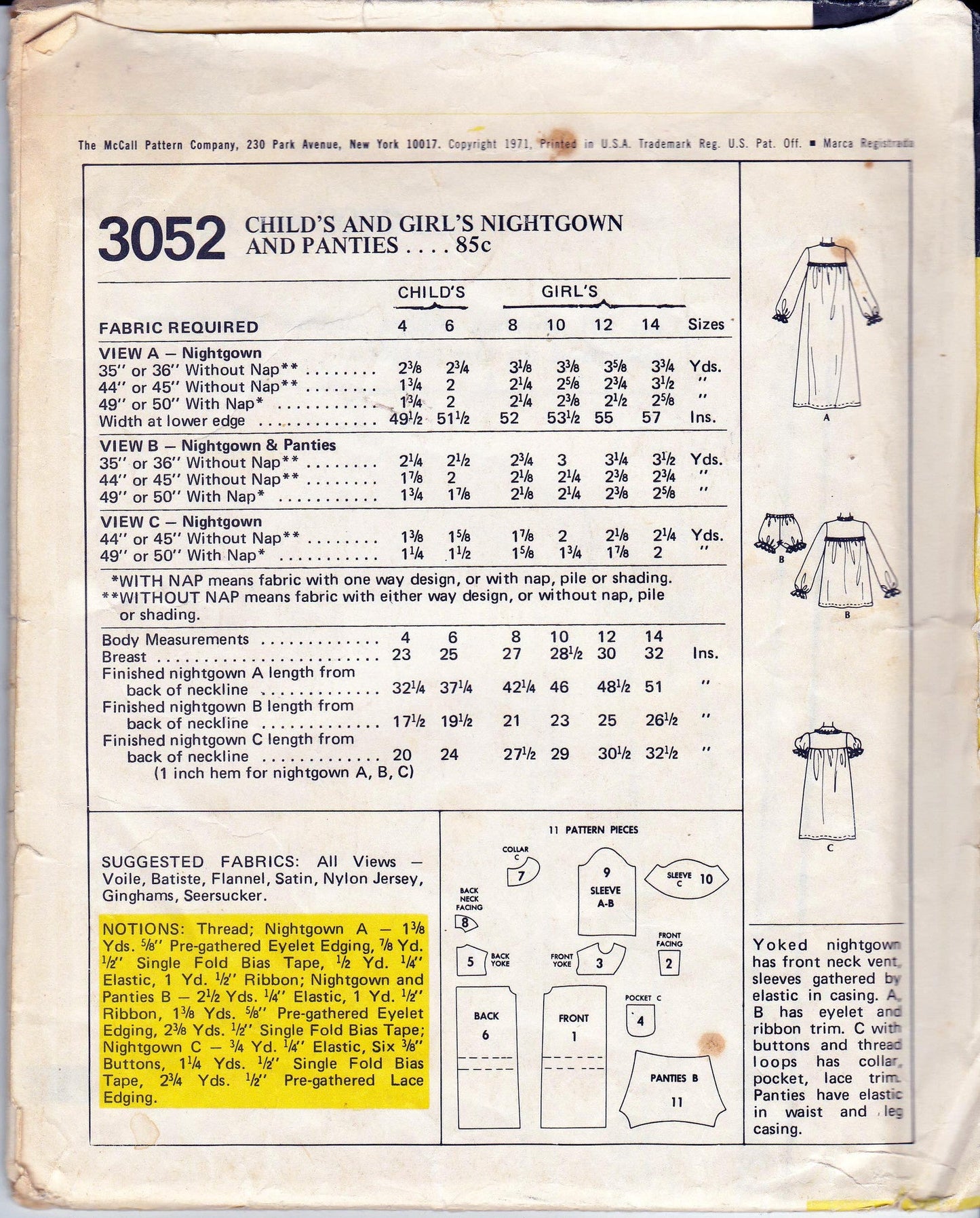 McCall's 3052 Girls Babydoll Nightgown & Bloomers 1970s Vintage Sewing Pattern Size 6 or 8